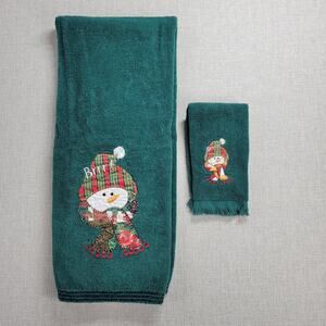 Vintage Cotton Terry Cloth Holiday Towel 2pcs Set Green Winter Snowman Holiday